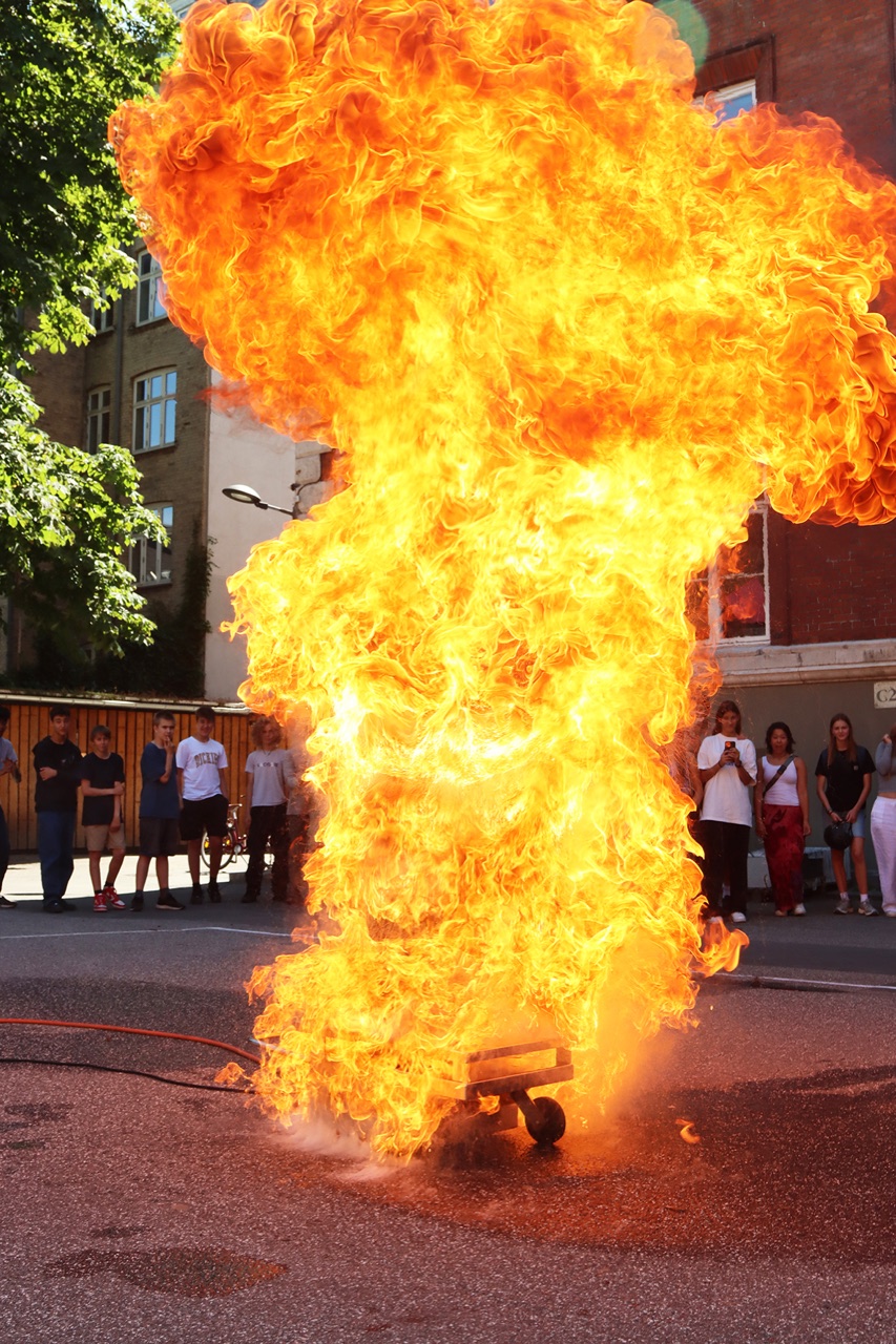 Tilskuere ser en stor demonstration af friturebrand til familieevent